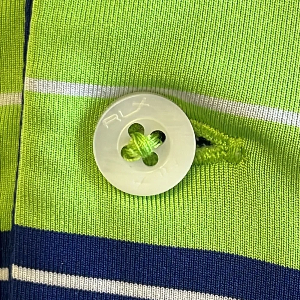 RLX Ralph Lauren Golf Polo Blue & Lime Green Stripes S/S Logo on Sleeve Men XL